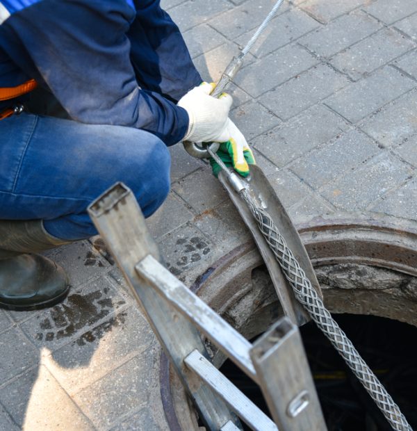 Workers dismantle the telecommunication cable in the well.